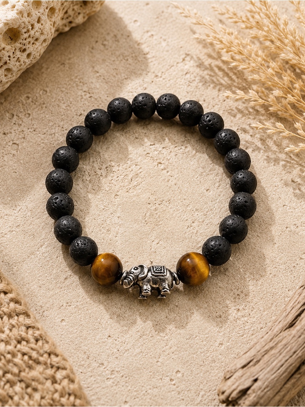 Bali Artisan Black Lava Stone Tiger’s Eye Elephant Bracelet
